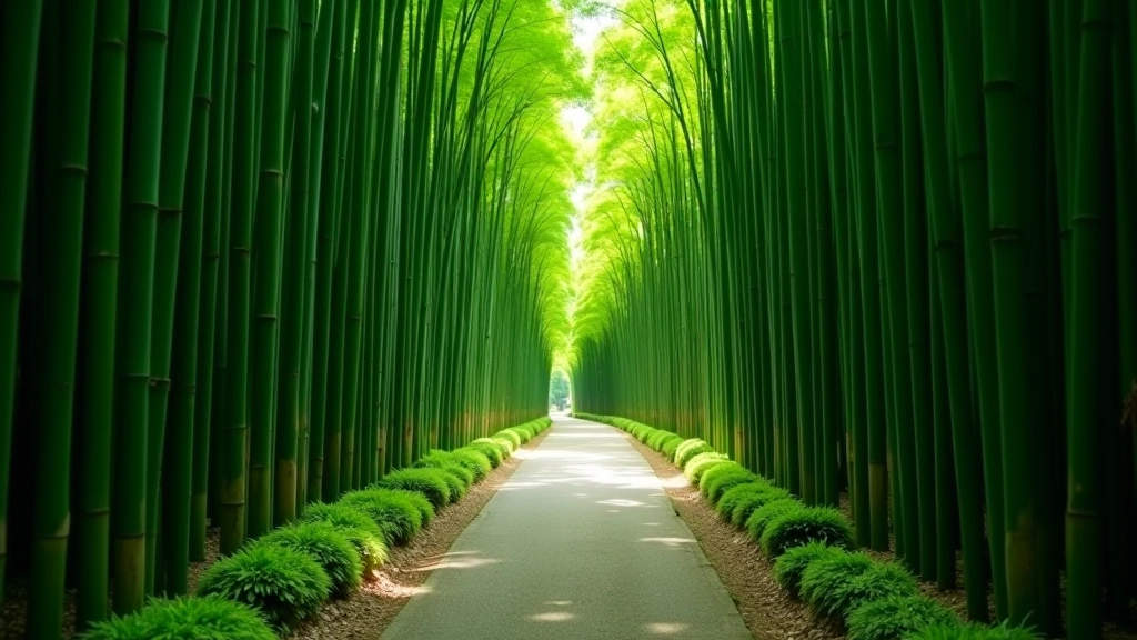 Tall bamboo stalks creating a natural tunnel pathway, dappled sunlight filtering through, peaceful garden clearing ahead