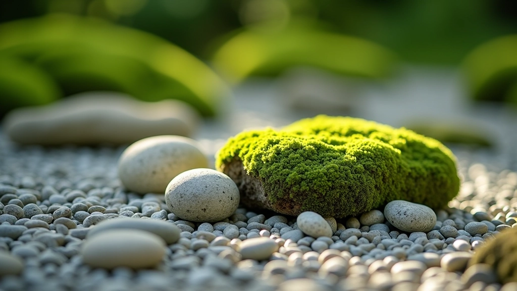 Carefully arranged stones in Japanese garden with moss and surrounding plantings