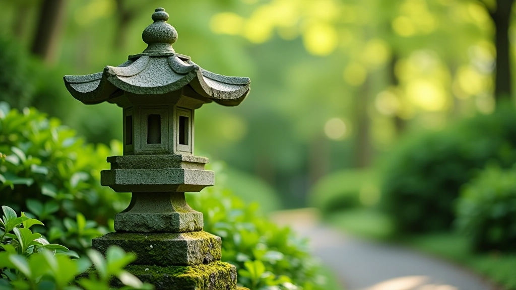 Close-up detail of Japanese garden stone lantern with moss and traditional plantings, demonstrating authentic design principles