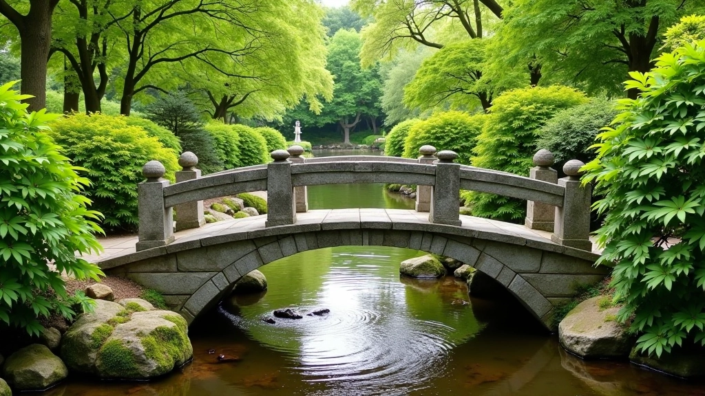 Stone bridge crossing over a small stream or water feature in the garden