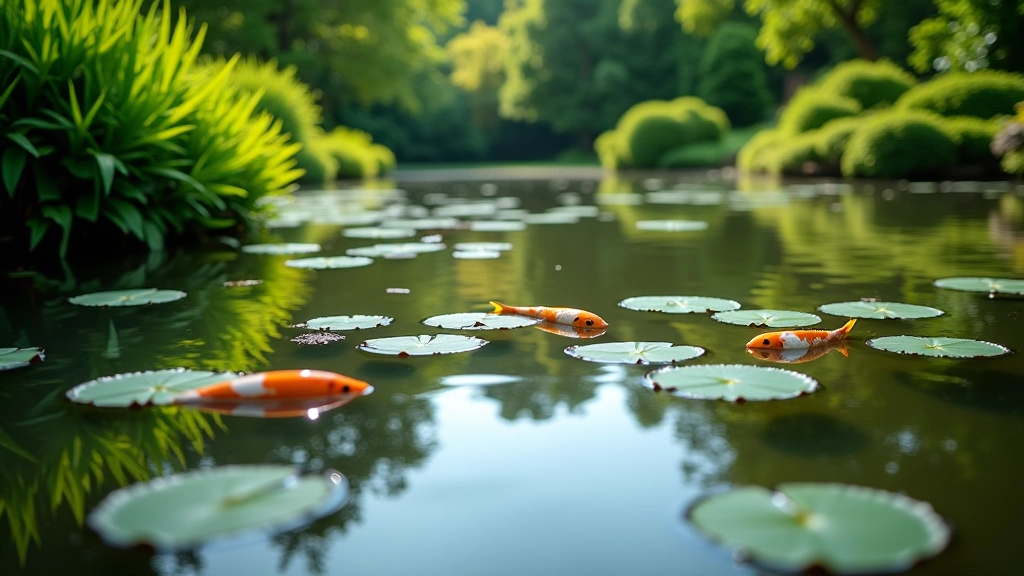 Calm koi pond with clear water reflecting sky, lily pads, and garden surroundings