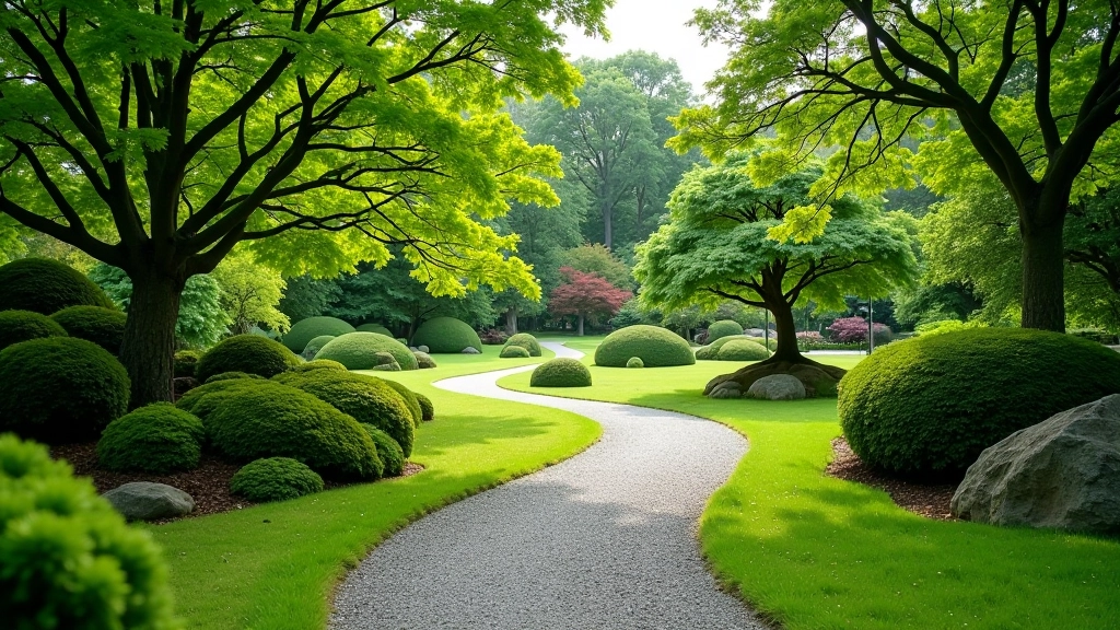 Balanced asymmetrical composition of garden elements and pathways