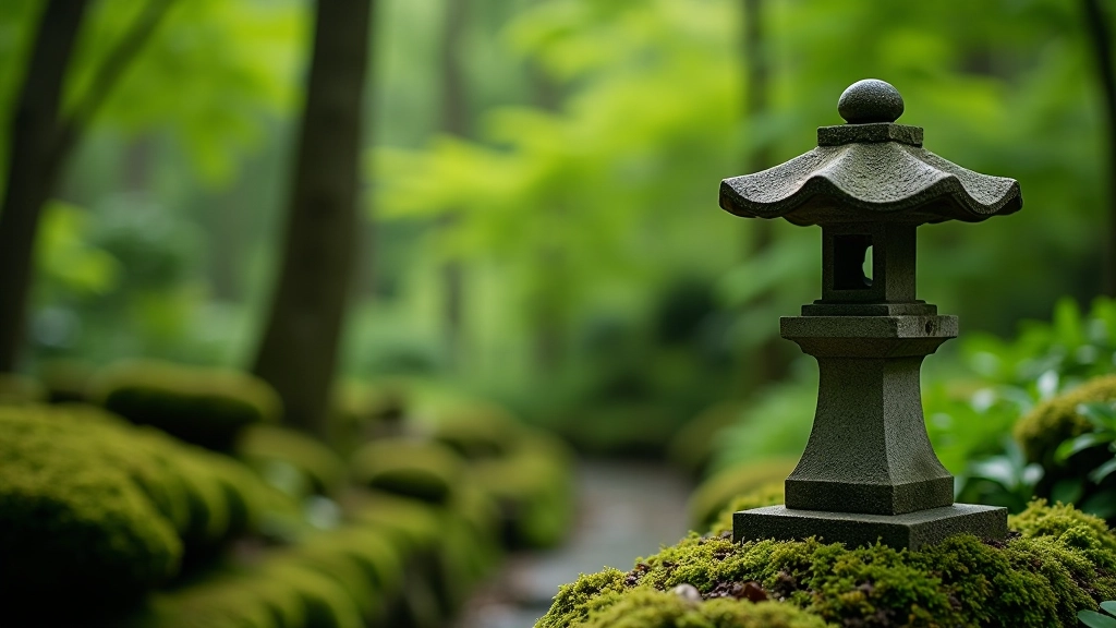 Traditional Japanese stone lantern surrounded by lush green moss and carefully pruned plants