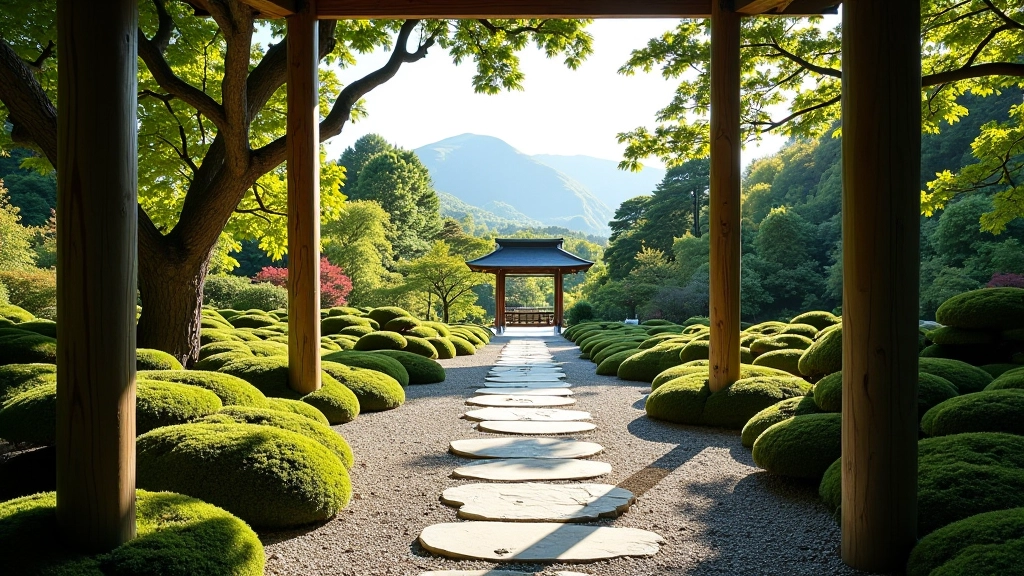 Garden pathway with framed views of surrounding landscape and distant hills