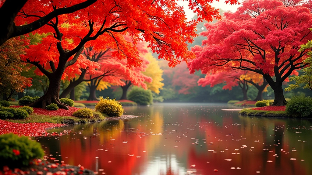 Japanese maple trees with brilliant autumn red foliage overhanging the pond with fallen leaves floating on water surface