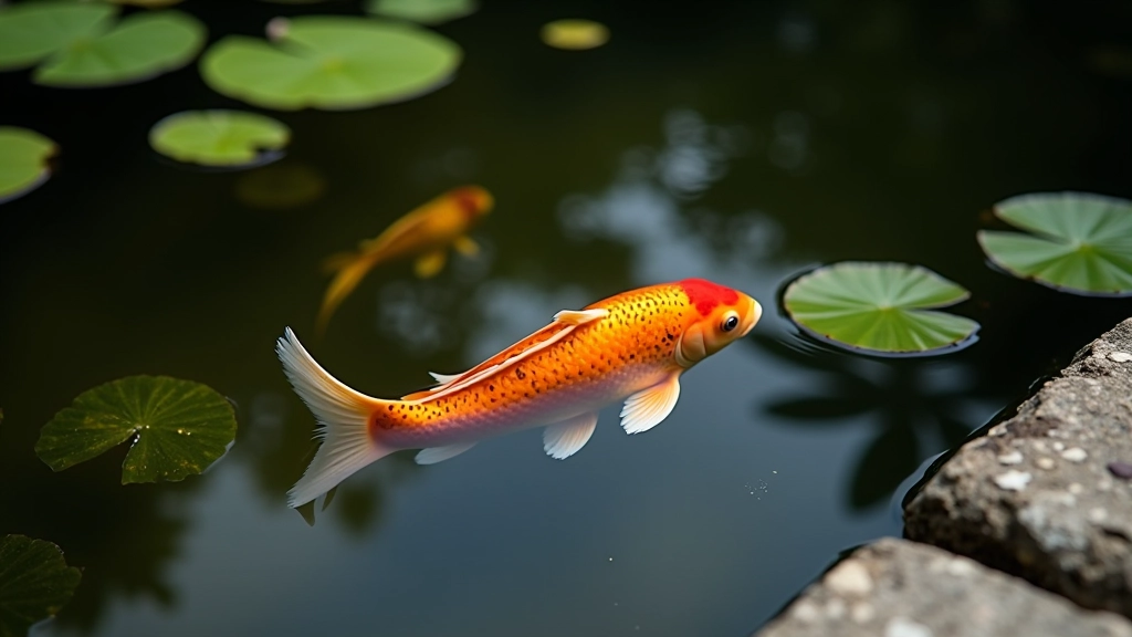 Close-up view of koi fish swimming in a shallow garden pond with lily pads and stone edges