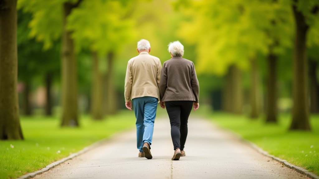 Elderly couple walking together on a wide paved pathway through green parkland with trees on both sides