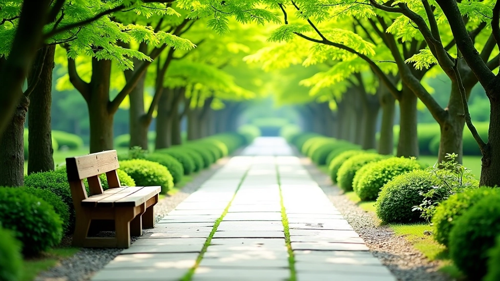 Peaceful Japanese garden pathway with paved stone walkway, green trees on both sides, and a wooden bench in the distance under shade