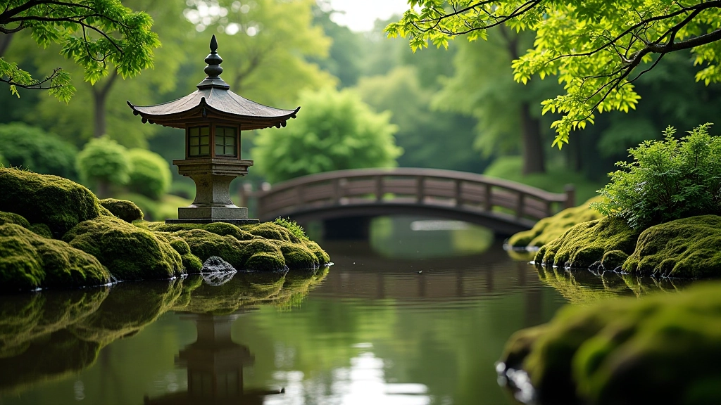Peaceful water feature with smooth stones and reflection of garden elements