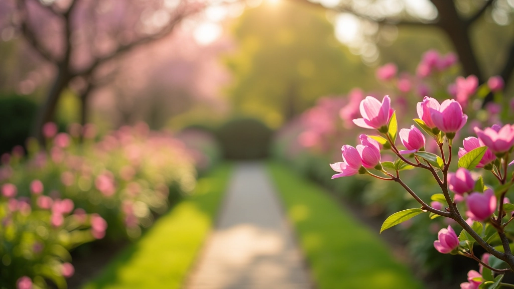 Seasonal flowers in bloom — cherry blossoms or spring plantings in the Japanese garden
