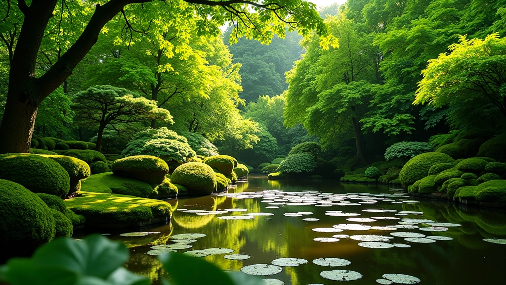 Lush green Japanese garden in summer with water features reflecting sunlight, moss-covered stones, vibrant vegetation creating natural shade