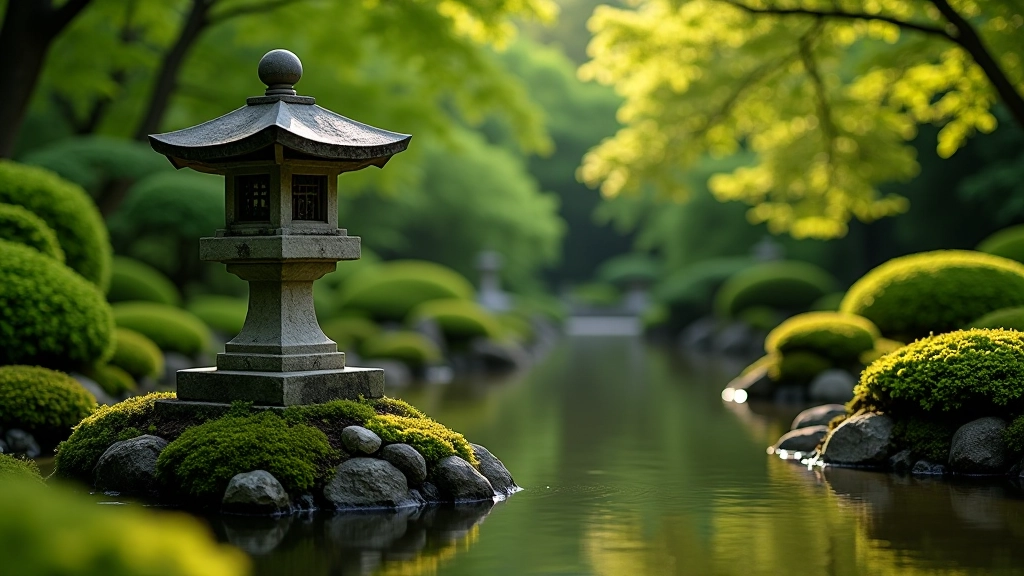 Serene Japanese garden with traditional stone lantern, water features, and carefully arranged plants