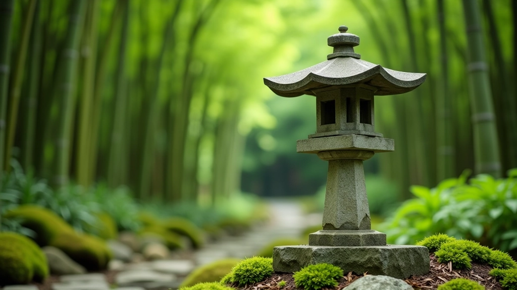 Stone lantern in a peaceful Japanese garden with moss-covered ground and bamboo backdrop