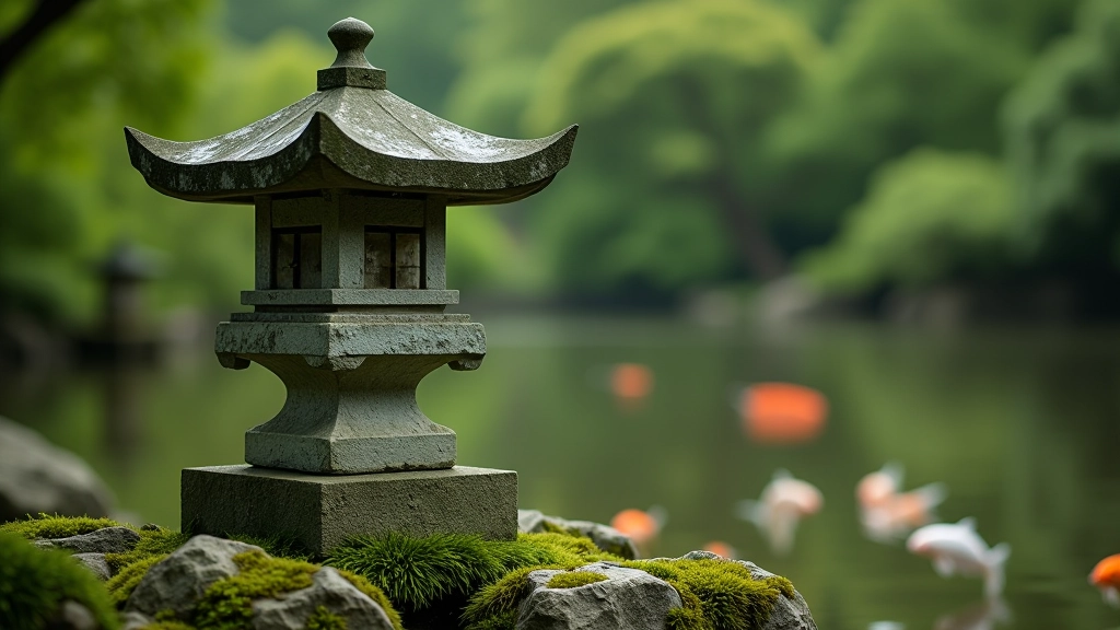Traditional stone lantern (toro) positioned at pond edge with moss-covered base and reflection in water