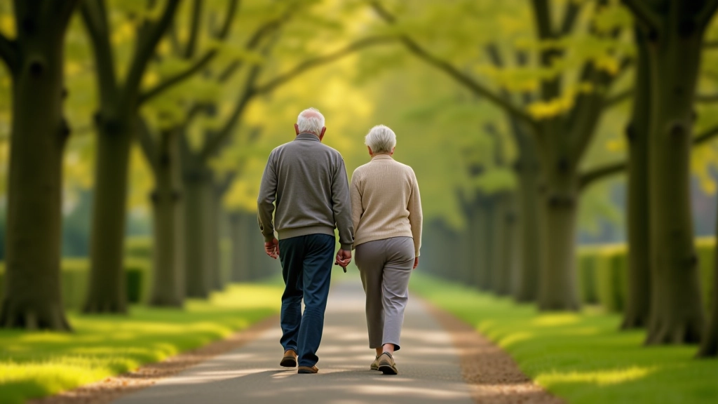 Senior couple enjoying a peaceful walk through parkland with green trees and open grass areas