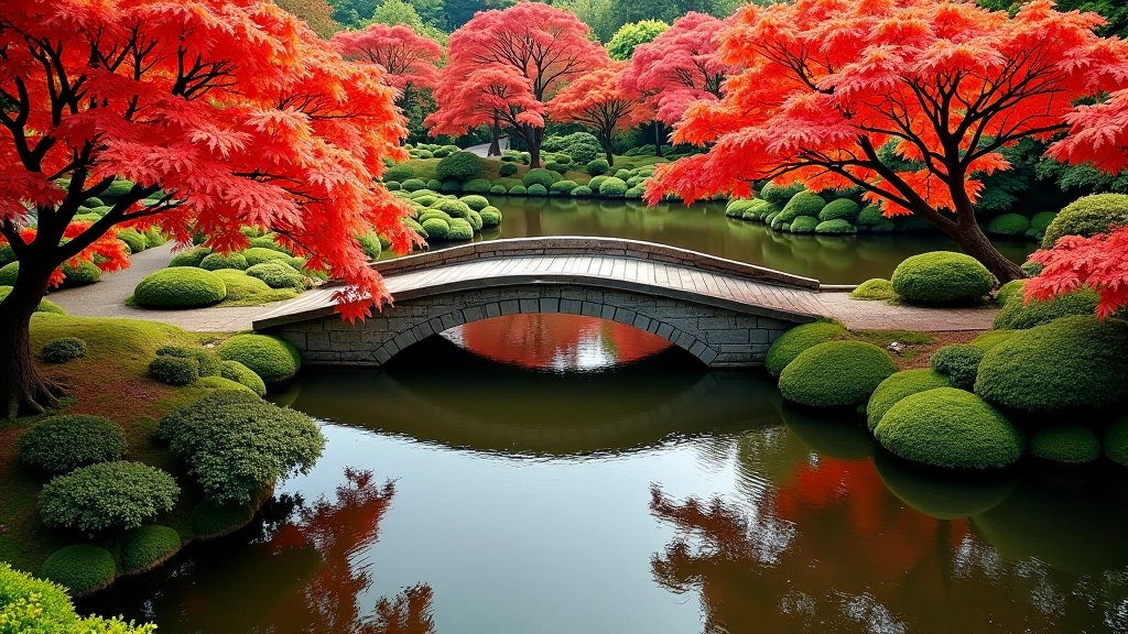 Wide view of the main koi pond at the Stud with stone bridge and overhanging Japanese maple trees