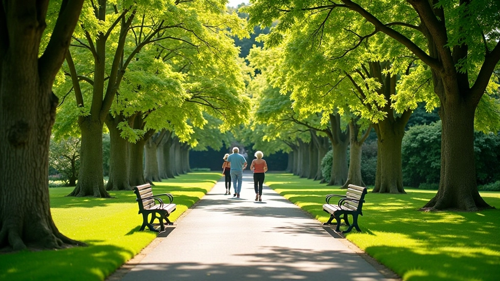 Accessible parkland walking path with seating areas for senior visitors enjoying the grounds