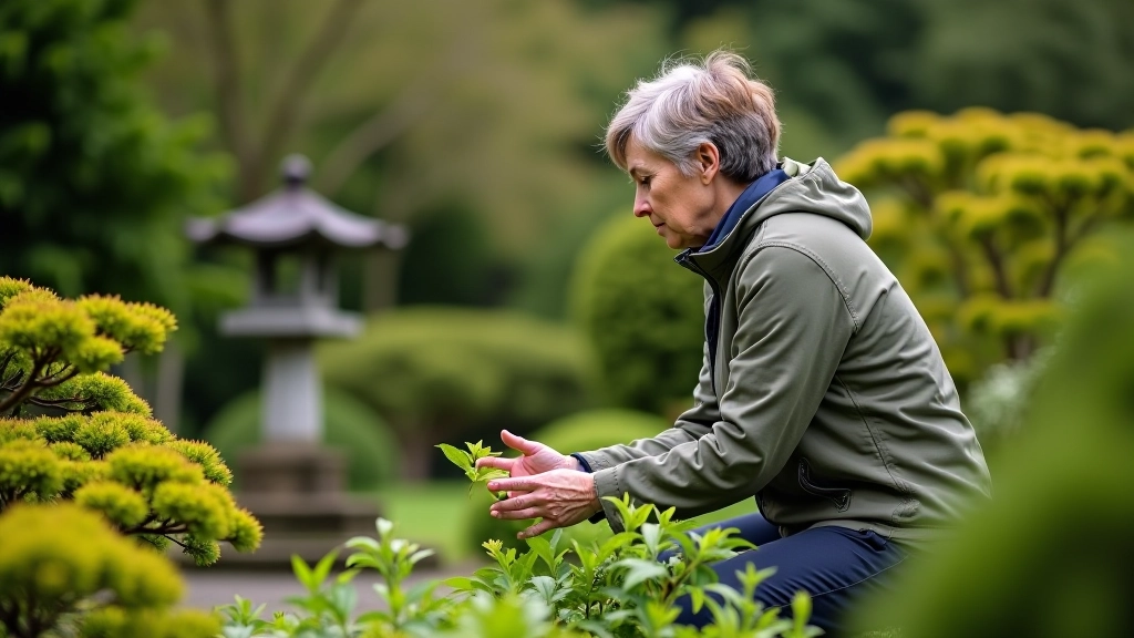 Síle O'Mahony working in the Japanese garden at Irish National Stud, examining heritage plantings with focus and care